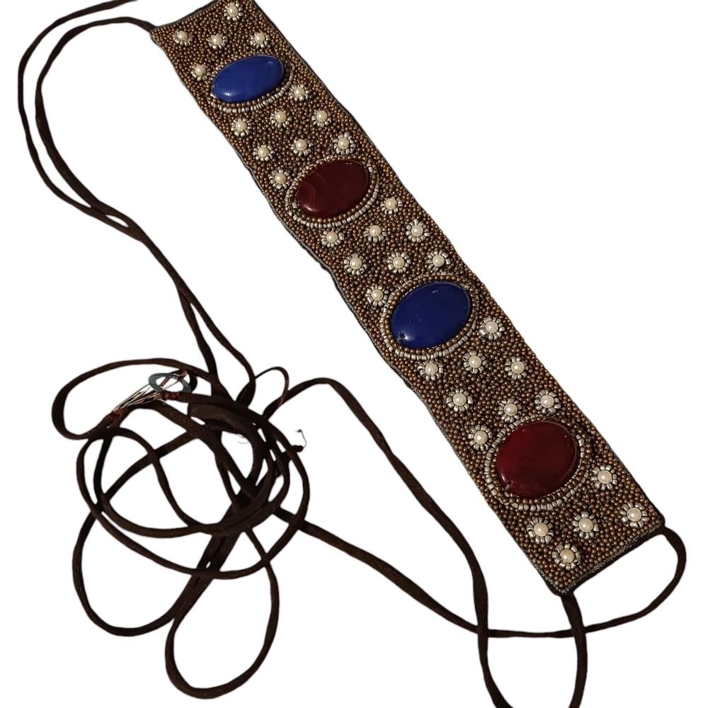 Embellished Beaded Headband with Blue and Burgundy Stones